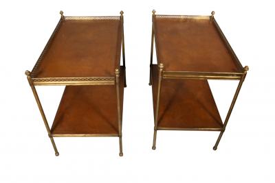 Pair Of Mid Century Brass and Leather Two Tier End Tables