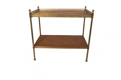 Pair Of Mid Century Brass and Leather Two Tier End Tables