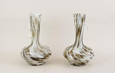 Pair Of Mid Century Murano Glass Vases Carafes White Brown Italy ca 1960