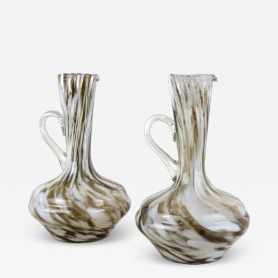 Pair Of Mid Century Murano Glass Vases Carafes White Brown Italy ca 1960