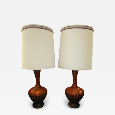 Pair Of Mid century Modern Orange Drip Glazed Lamps Danish