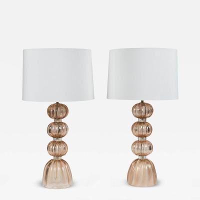 Pair Of Murano Blown Blush Ball Lamps Contemporary