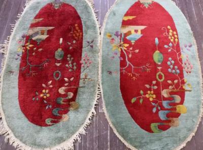 Pair Of Oval Shape Antique Art Deco Chinese Rugs 2 x 4 Each