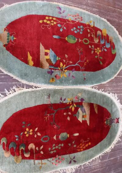 Pair Of Oval Shape Antique Art Deco Chinese Rugs 2 x 4 Each