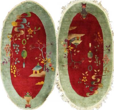 Pair Of Oval Shape Antique Art Deco Chinese Rugs 2 x 4 Each