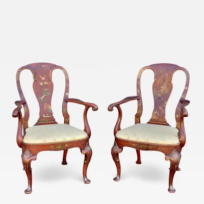 Pair Of Queen Anne Style Red Japanned Armchairs