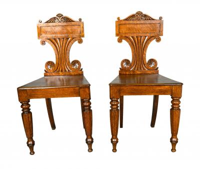 Pair Of Regency Oak Hall Chairs