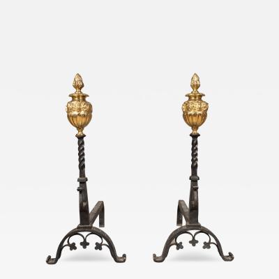 Pair Of Renaissance Revival Brass and Wrought Iron Andirons