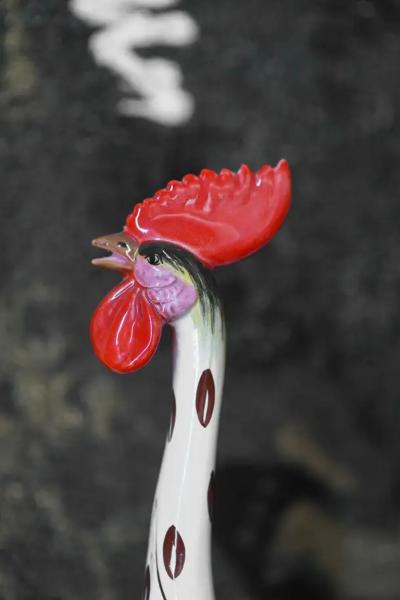 Pair Of Roosters In Glazed Ceramic With Handmade Decorations