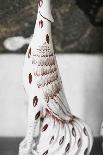 Pair Of Roosters In Glazed Ceramic With Handmade Decorations