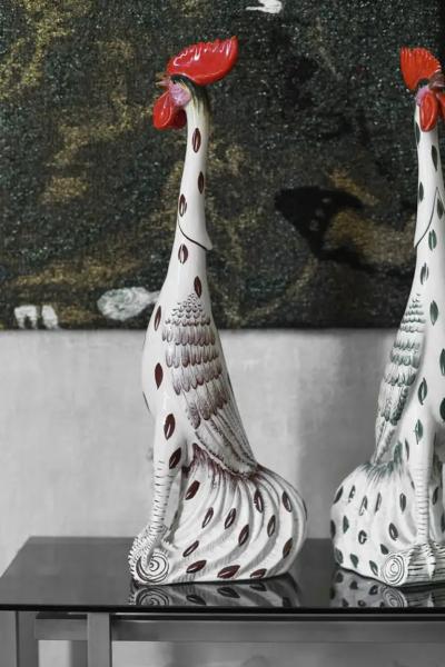 Pair Of Roosters In Glazed Ceramic With Handmade Decorations