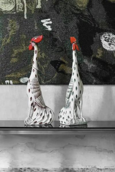 Pair Of Roosters In Glazed Ceramic With Handmade Decorations