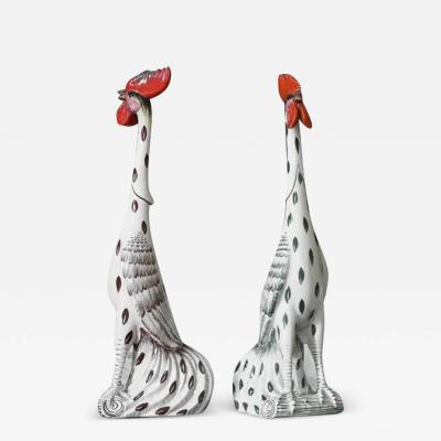 Pair Of Roosters In Glazed Ceramic With Handmade Decorations