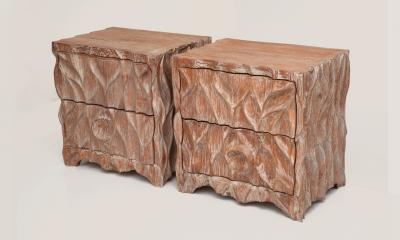 Pair Of Studio Handcarved Oak Cerused Cabinets