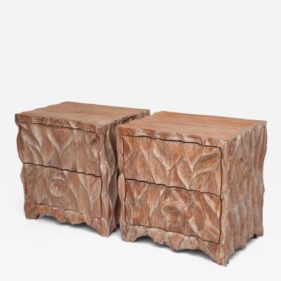 Pair Of Studio Handcarved Oak Cerused Cabinets