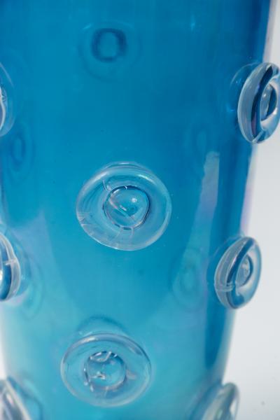 Pair Of Tall Murano Blown Irredescent Acquamarine Vases Contemporary