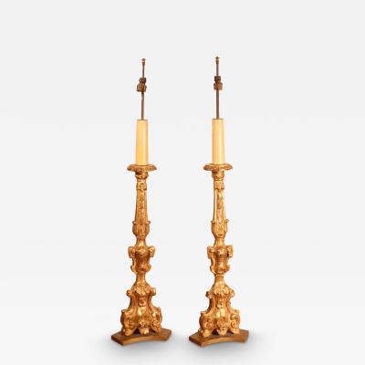 Pair Of Torcheres Floor Lamps In Gilt Wood Italy 18th Century
