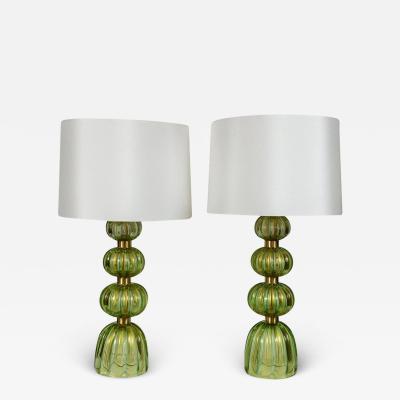 Pair Of Unique Murano Blown Gold Green Table Lamps Contemporary