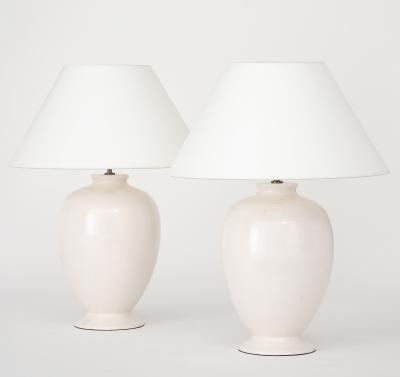 Pair Off White Ceramic Craackle Lamps France Italy c 1970