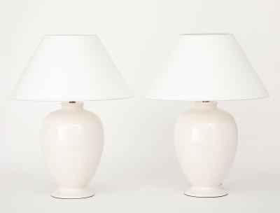 Pair Off White Ceramic Craackle Lamps France Italy c 1970