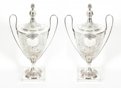 Pair Old English Plated Trophy Cup Urn