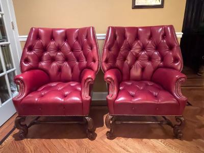 Pair Oversized Tufted Leather Wingback Lounge Chairs Georgian Finest Quality