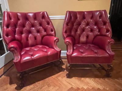 Pair Oversized Tufted Leather Wingback Lounge Chairs Georgian Finest Quality