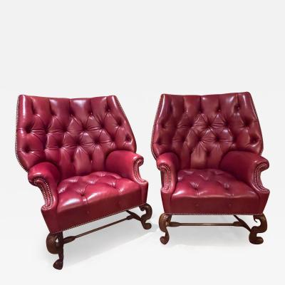 Pair Oversized Tufted Leather Wingback Lounge Chairs Georgian Finest Quality