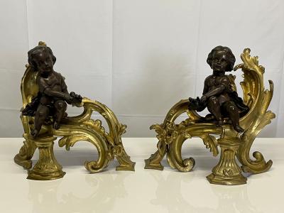 Pair Patinated Gilt Bronze Cherub Fireplace Andirons Chenets Antique Louis XV