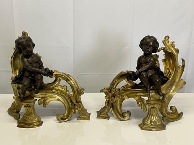 Pair Patinated Gilt Bronze Cherub Fireplace Andirons Chenets Antique Louis XV