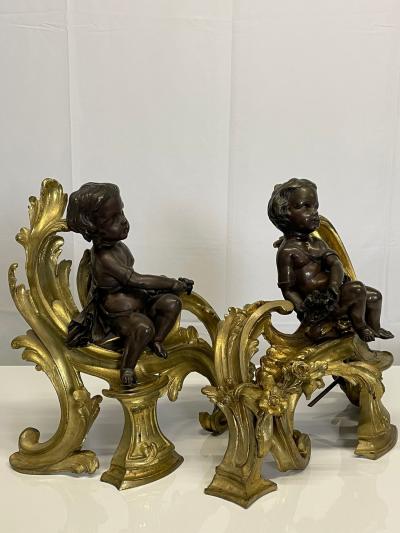 Pair Patinated Gilt Bronze Cherub Fireplace Andirons Chenets Antique Louis XV