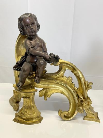 Pair Patinated Gilt Bronze Cherub Fireplace Andirons Chenets Antique Louis XV