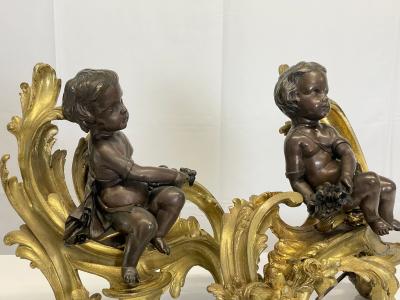 Pair Patinated Gilt Bronze Cherub Fireplace Andirons Chenets Antique Louis XV