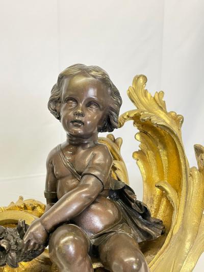 Pair Patinated Gilt Bronze Cherub Fireplace Andirons Chenets Antique Louis XV