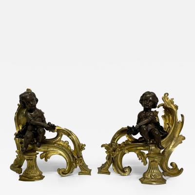Pair Patinated Gilt Bronze Cherub Fireplace Andirons Chenets Antique Louis XV