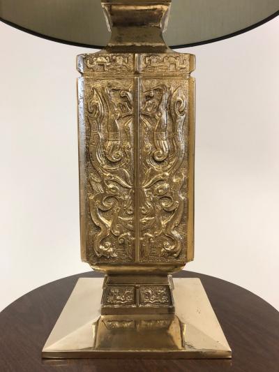 Pair Polished Bronze Asian Lamps By James Mont