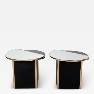 Pair Postmodern End Side Tables Mirror Top Black Pedestal Base