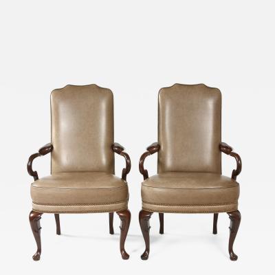 Pair Queen Anne Style Leather Armchairs
