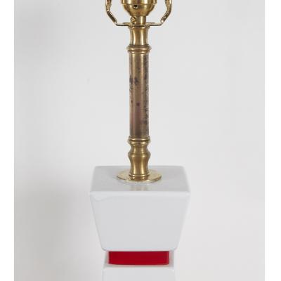 Pair Red and White Mid Century Lamps