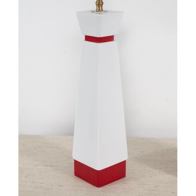 Pair Red and White Mid Century Lamps