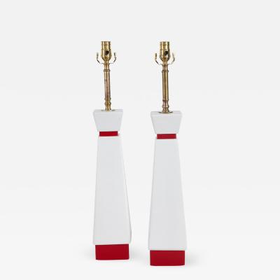 Pair Red and White Mid Century Lamps