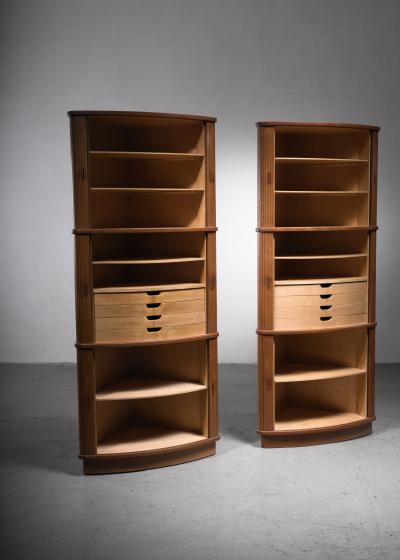 Pair Scandinavian Modern high corner cabinets with tambour doors
