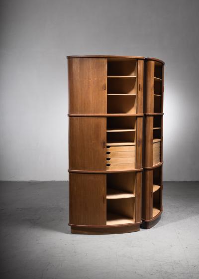 Pair Scandinavian Modern high corner cabinets with tambour doors