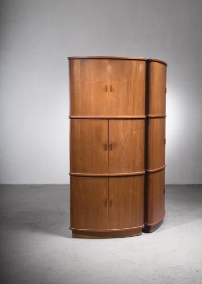 Pair Scandinavian Modern high corner cabinets with tambour doors