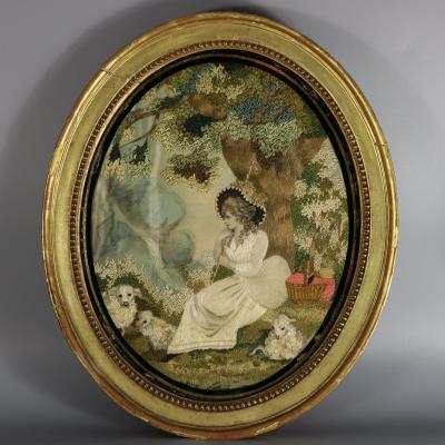 Pair Silkwork Embroidered Pictures of Shepherd Shepherdess