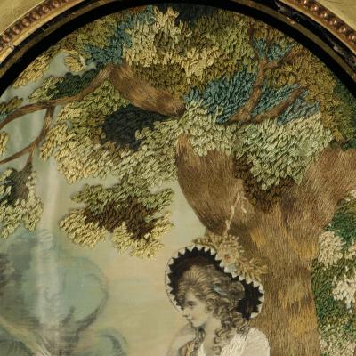 Pair Silkwork Embroidered Pictures of Shepherd Shepherdess