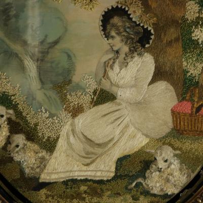 Pair Silkwork Embroidered Pictures of Shepherd Shepherdess