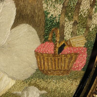 Pair Silkwork Embroidered Pictures of Shepherd Shepherdess