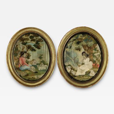 Pair Silkwork Embroidered Pictures of Shepherd Shepherdess