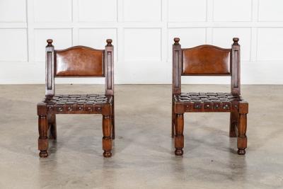 Pair Spanish Mid 20thC Brutalist Walnut Chairs